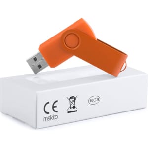 An orange USB memory stick with a swivel design, positioned on a white box. The box has a logo and indicates 16GB storage.