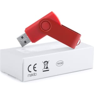 A red USB memory stick positioned over a white box, featuring a logo and marked as 16GB.