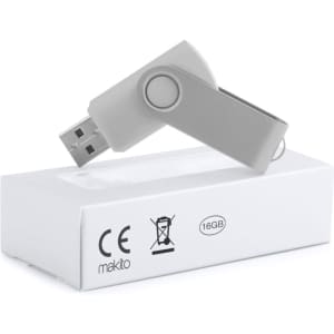 A grey USB memory stick with 16GB capacity on a white box, featuring a logo on the side.