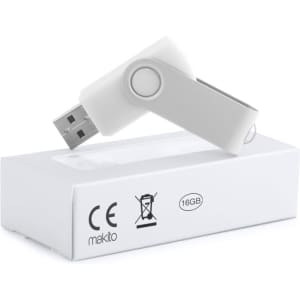 A white USB memory stick with a pivoting connector positioned on a white box. The box has a logo and a capacity label.