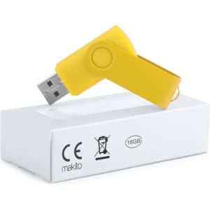 A yellow USB memory stick positioned on a white box, with a looped design and a logo.