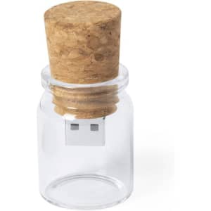 A drink bottle with a cork design lid, featuring a USB connector, clear glass, and a polished finish.