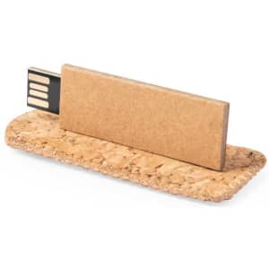 A USB memory stick made from recycled cardboard and cork, featuring a natural brown colour. It includes a logo.