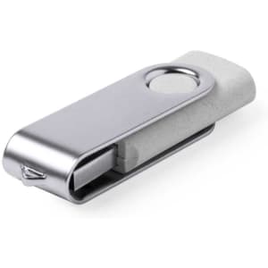 A USB memory stick featuring a grey wheat straw body and a silver metal clip. The product has a logo.