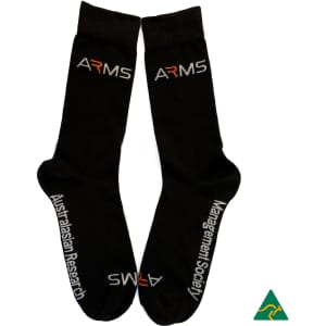 Black dress and business socks featuring logos in white and orange, with a branding label.
