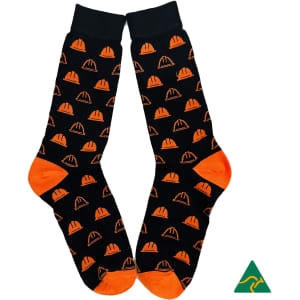 Black socks featuring an orange jelly design with a logo in the corner.