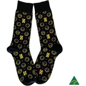 Bamboo dress and business socks in black with yellow smiley face patterns and decorative symbols. Contains branding.