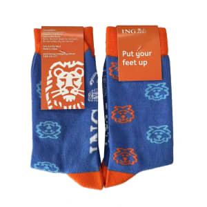 Combed cotton dress and business socks in blue and orange, featuring a lion design and a logo.