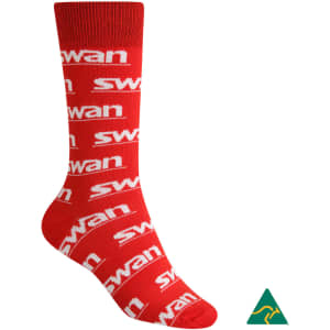 A red combed cotton sock featuring a repeating white logo design, with a logo at the ankle.