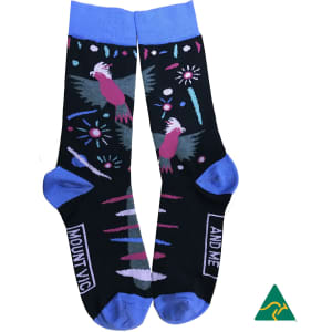 Combed cotton dress and business socks in black with colourful patterns and blue cuffs. Features a logo.