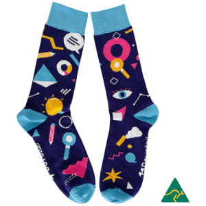 Combed cotton dress and business socks in blue and navy, featuring colourful geometric patterns and a logo.