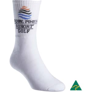 Light blue sports crew socks with black branding printed on the sides, featuring a ribbed texture at the top.