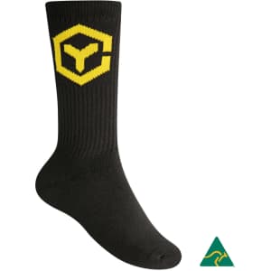 A black sports crew sock with a yellow logo and ribbed design for added comfort.