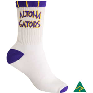 Combed cotton sports crew sock in white with purple accents and a logo. Ideal for sports uniforms.