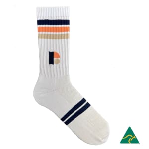 A white crew sock featuring orange, navy blue, and tan stripes, with a logo on the side.