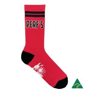 A white sports crew sock with black and yellow stripes and a logo at the top.