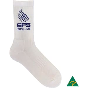 A cream-coloured sports crew sock featuring a logo. Suitable for athletic wear and sports uniforms.