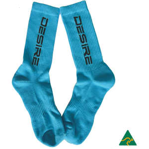 A pair of bright blue sports crew socks with a logo printed on them.