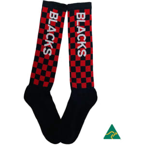 Knee high black socks with grey stripes, featuring a logo and text "Women Who Lift EST. 2020".