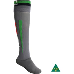 A pair of grey knee-high football socks with a logo, featuring green and red accents.