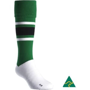 A green knee-high football sock featuring black stripes and a white foot section. Includes a logo in the corner.
