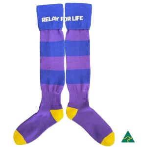 Purple and blue striped knee-high football socks with yellow accents and a logo.