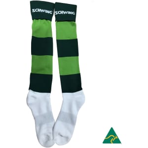 Green and black striped knee-high football socks with white soles and a branded logo.