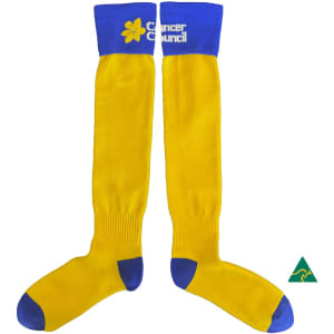 A pair of knee-high football socks in bright yellow with blue accents and a logo.