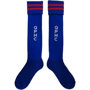 Premium knee-high football socks in blue with red stripes and a logo. Suitable for sports or casual wear.