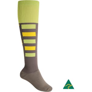 A compression football sock featuring green, yellow, and brown colours with a logo on the side.