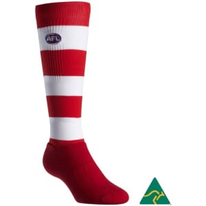 A red and white striped compression football sock featuring a logo, designed for sports use.