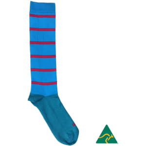 A blue compression football sock with red stripes and a logo on the side.
