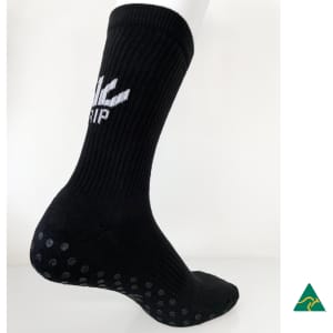 A black sock with a ribbed design and textured grip dots on the sole. It features a logo on the side.