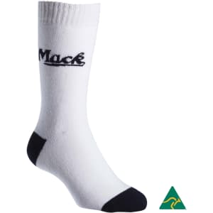 A white cotton full terry work sock with navy accents and branding.