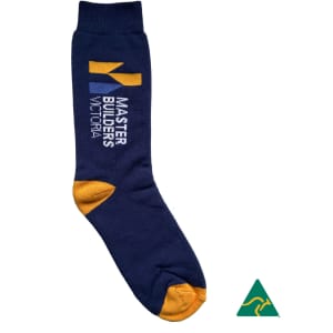 Navy and yellow cotton full terry work sock featuring a logo and text for Master Builders Victoria.