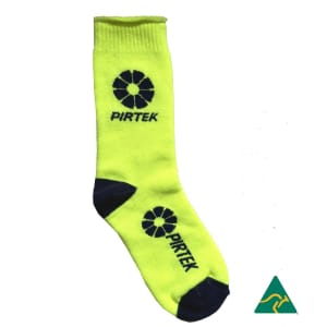 A pair of bright yellow cotton full terry work socks with dark blue accents and a logo.