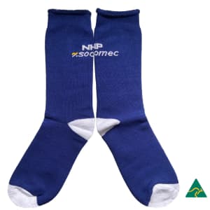 Blue bamboo full terry work socks with white accents and a logo.