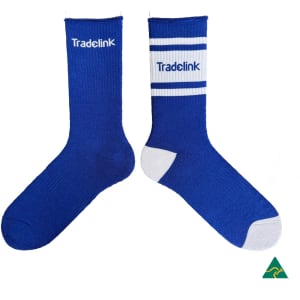 A pair of blue heavy-duty boot socks featuring white accents and a branding logo.