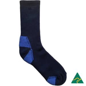 A heavy-duty boot sock in navy blue with a blue accent. The sock features a logo in the corner.