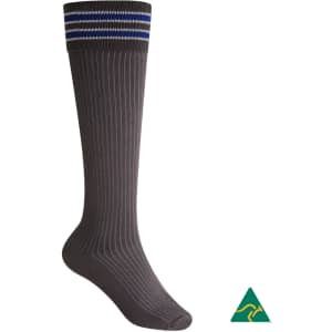 Knee-high grey school socks with blue and white striped band at the top, featuring a logo on the bottom.