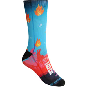 A pair of full socks in blue and red, featuring flame designs and a logo on the side.