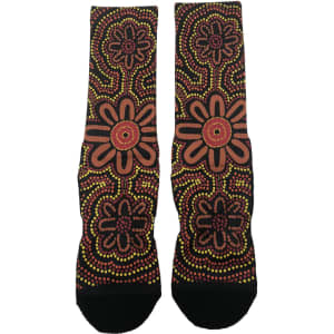 Full sublimation socks featuring a black background adorned with intricate floral patterns in red, yellow, and orange.