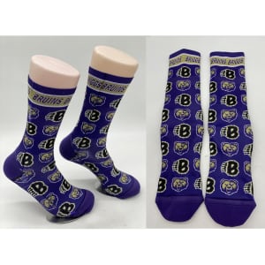 Purple socks featuring bear graphics and a logo, designed for sublimation. Two pairs are displayed.