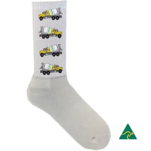 A full leg sublimation sock in white featuring yellow trucks in a repeat pattern, with a logo on the side.