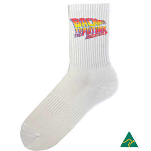 A white sock featuring a logo with vibrant colours and a branding logo at the bottom.