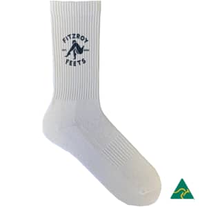 A white sock featuring a ribbed design and a logo on the upper section.