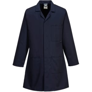 A navy blue coat with a collar, long sleeves, and multiple front pockets. It features a branding logo.