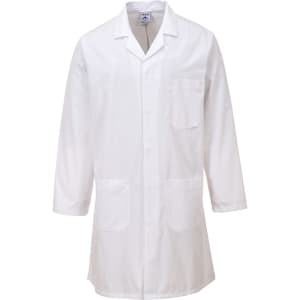 A white coat with long sleeves and two front pockets, featuring a branding label on the collar.