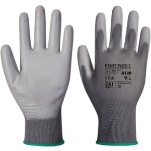 A pair of grey PU palm gloves with a textured finish and green accents at the cuffs.