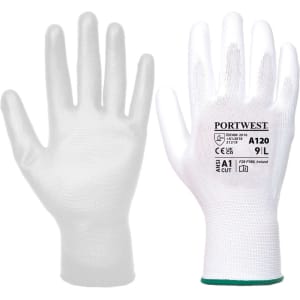 A pair of white PU palm gloves with a green trim, featuring branding and safety ratings.